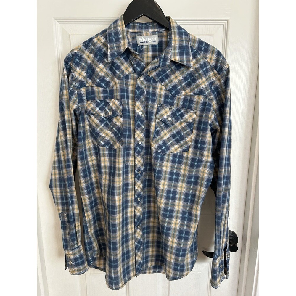 Wrangler Wrancher Mens M Blue Plaid Western Pearl Snap Long Sleeve Shirt